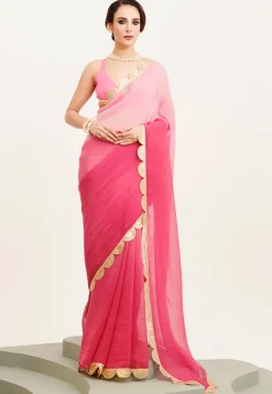 Ombre Chiffon Scalloped Saree in Pink