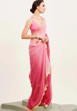 Ombre Chiffon Scalloped Saree in Pink