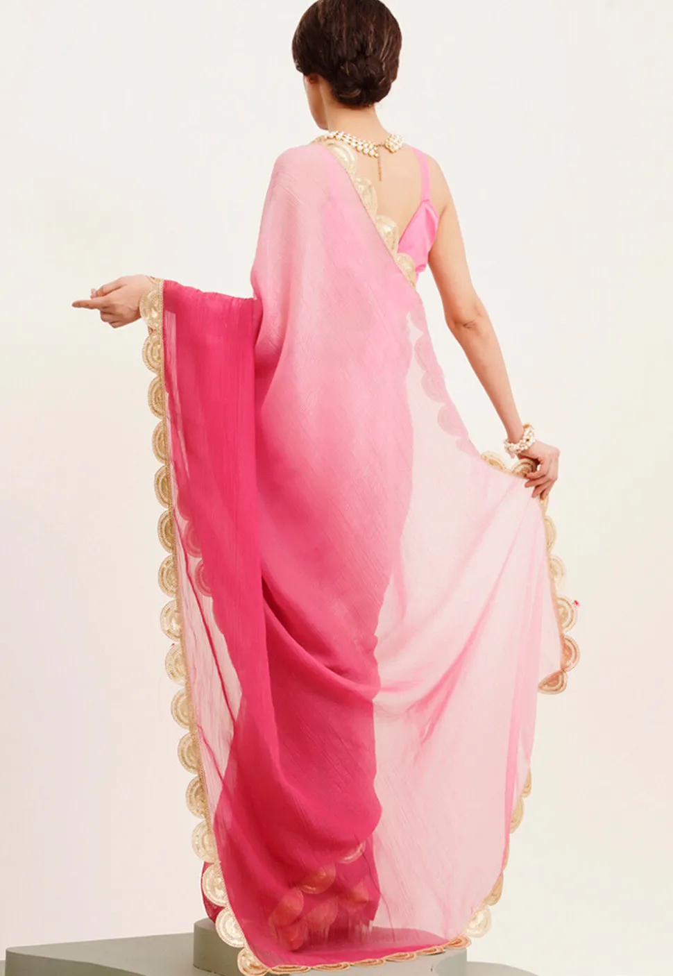 Ombre Chiffon Scalloped Saree in Pink