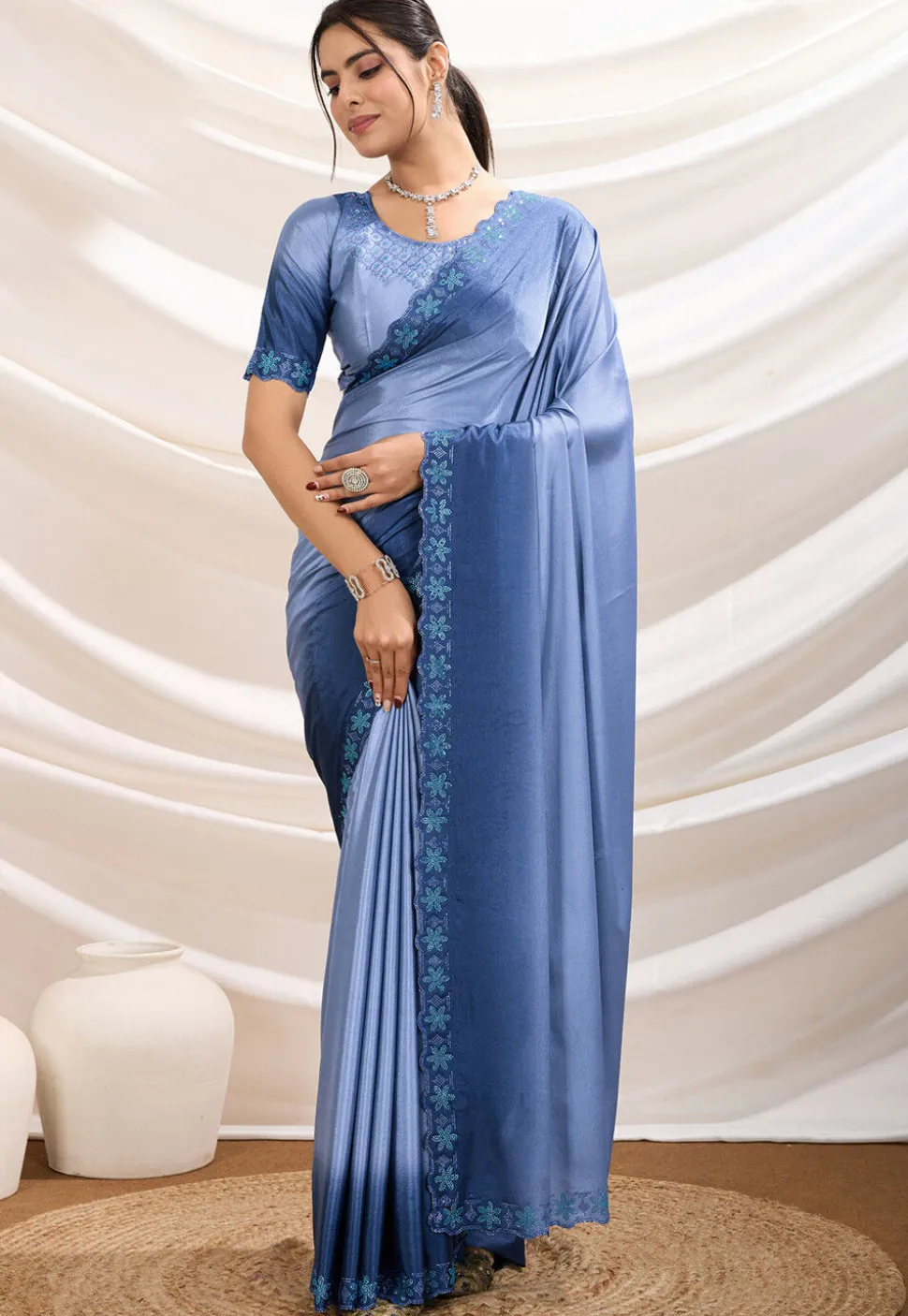 Ombre Crepe Scalloped Saree in Dusty Blue