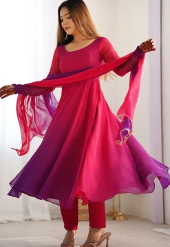 Ombre Georgette A Line Suit in Fuchsia and Purple