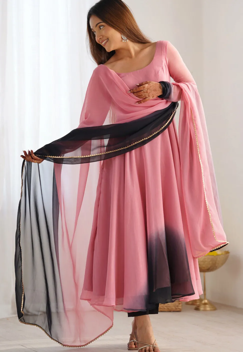 Ombre Georgette A Line Suit in Shaded Pink and Black
