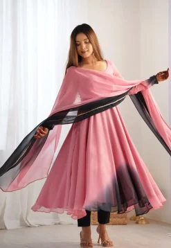 Ombre Georgette A Line Suit in Shaded Pink and Black