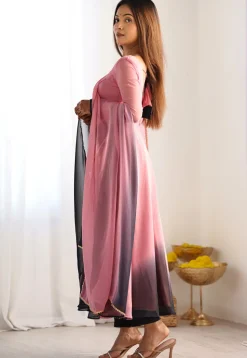 Ombre Georgette A Line Suit in Shaded Pink and Black