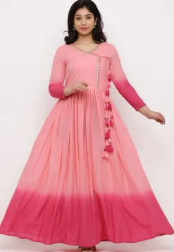 Ombre Mulmul Cotton Angrakha Style Gown Set in Ombre Baby Pink