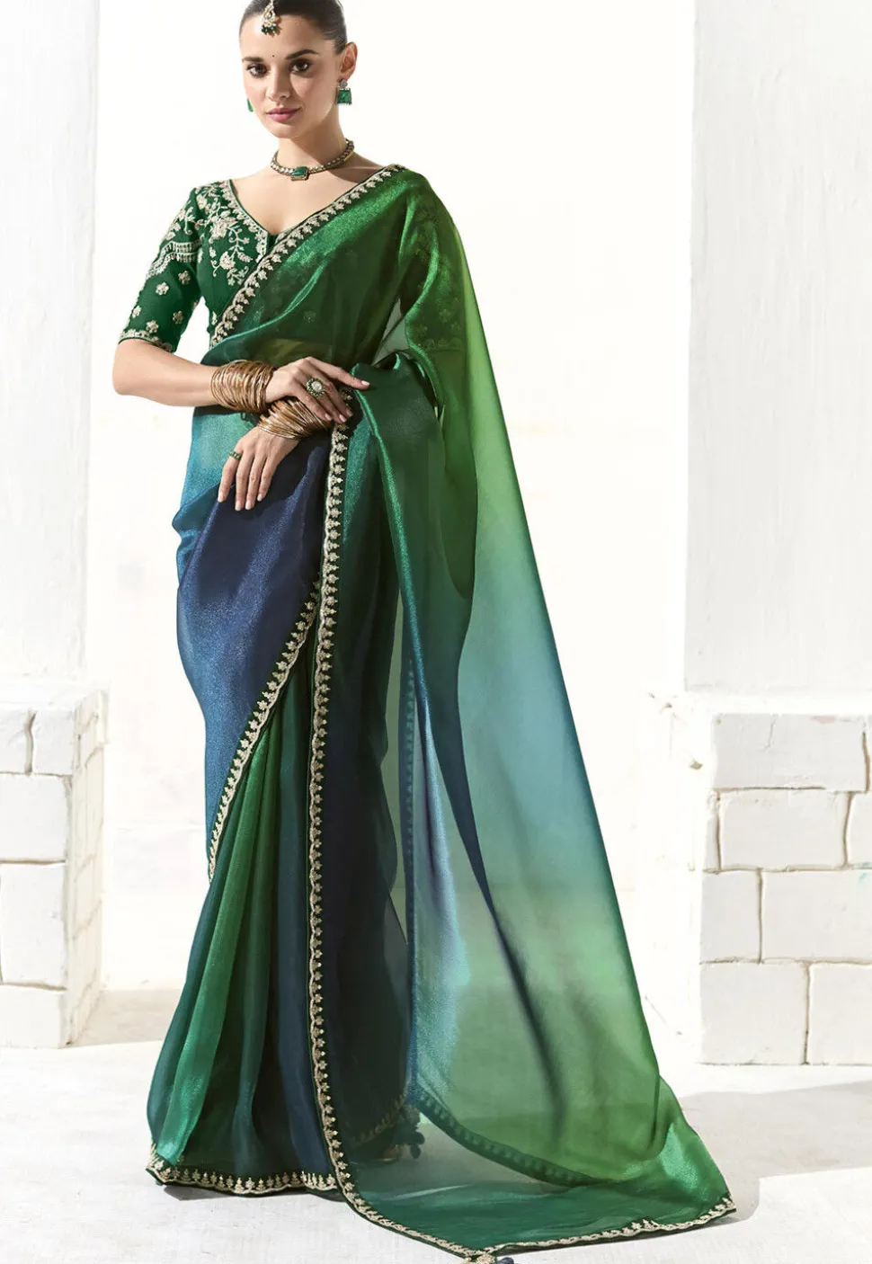 Ombre Organza Saree in Green and Blue