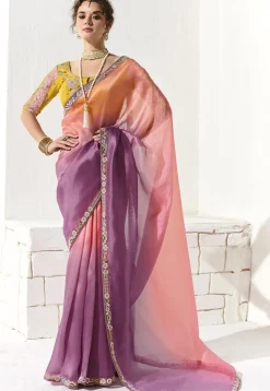 Ombre Organza Saree in Shaded Peach and Purple