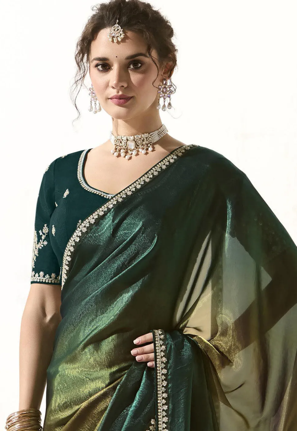 Ombre Organza Shimmer Saree in Green Ombre