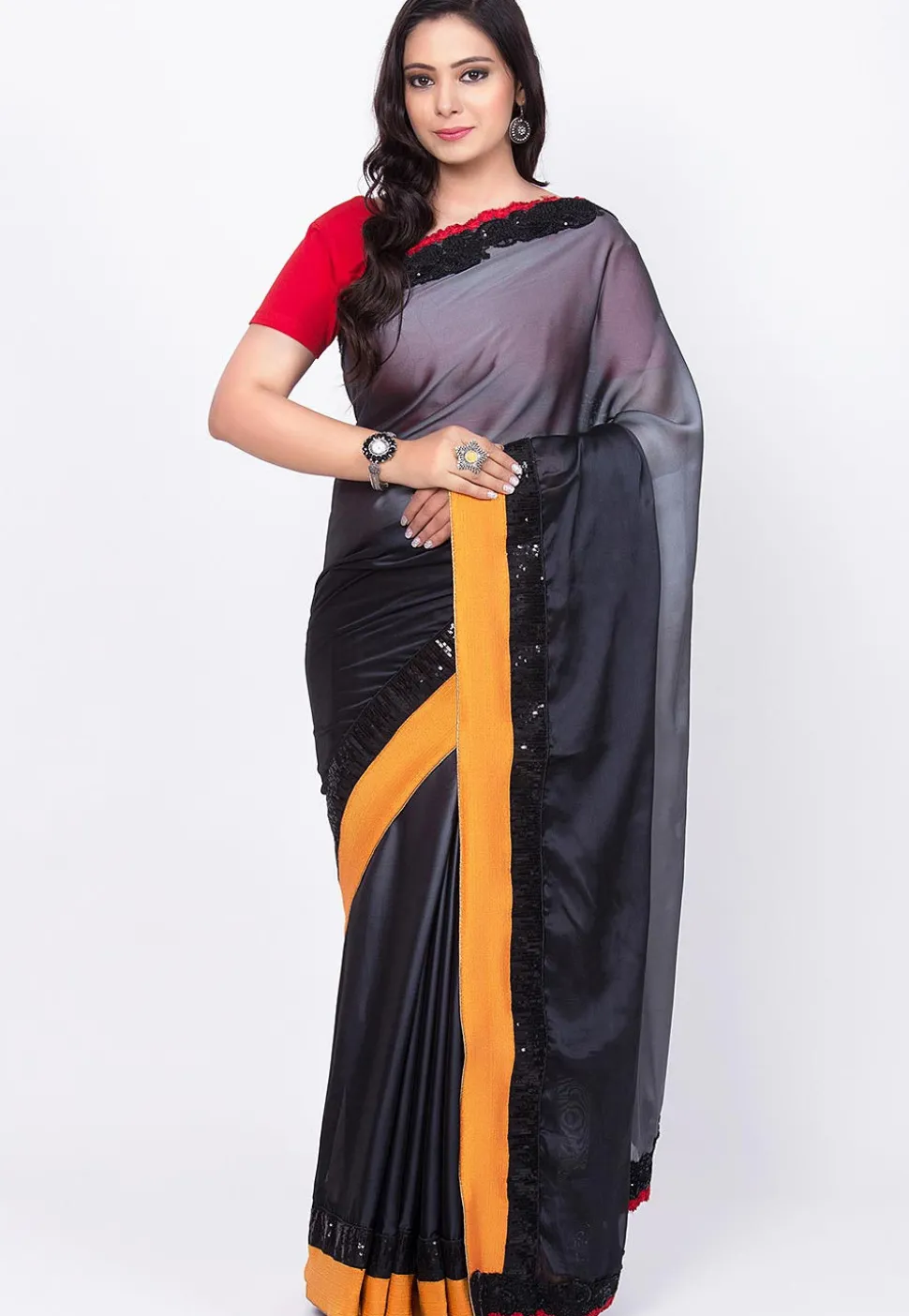 Ombre Satin Georgette Saree in Shaded Grey and Black