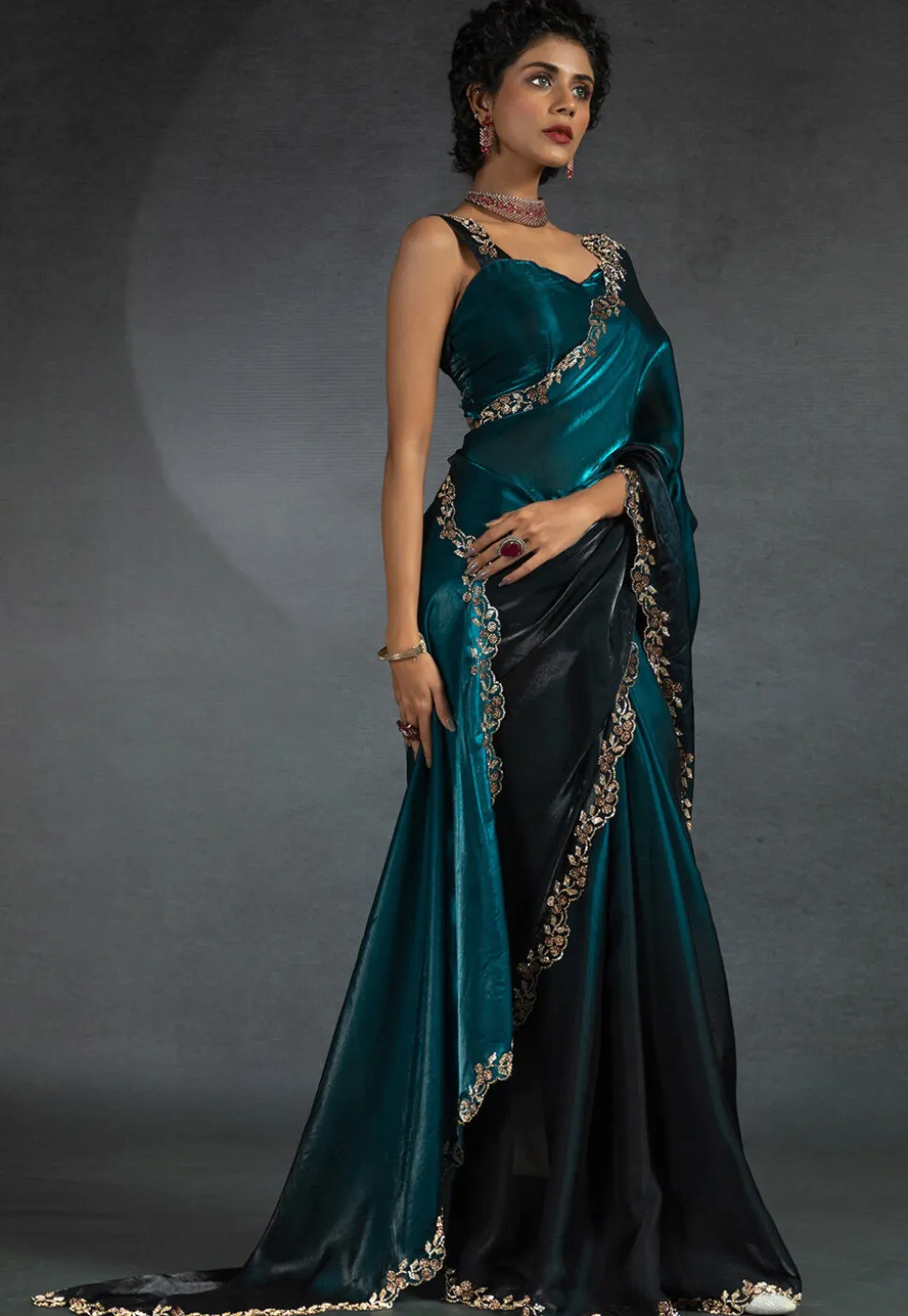 Ombre Tissue Scalloped Saree in Teal Blue