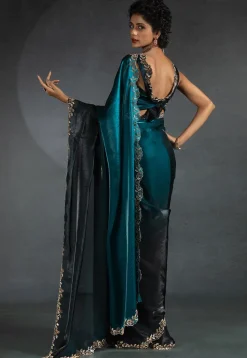 Ombre Tissue Scalloped Saree in Teal Blue