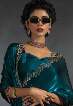 Ombre Tissue Scalloped Saree in Teal Blue