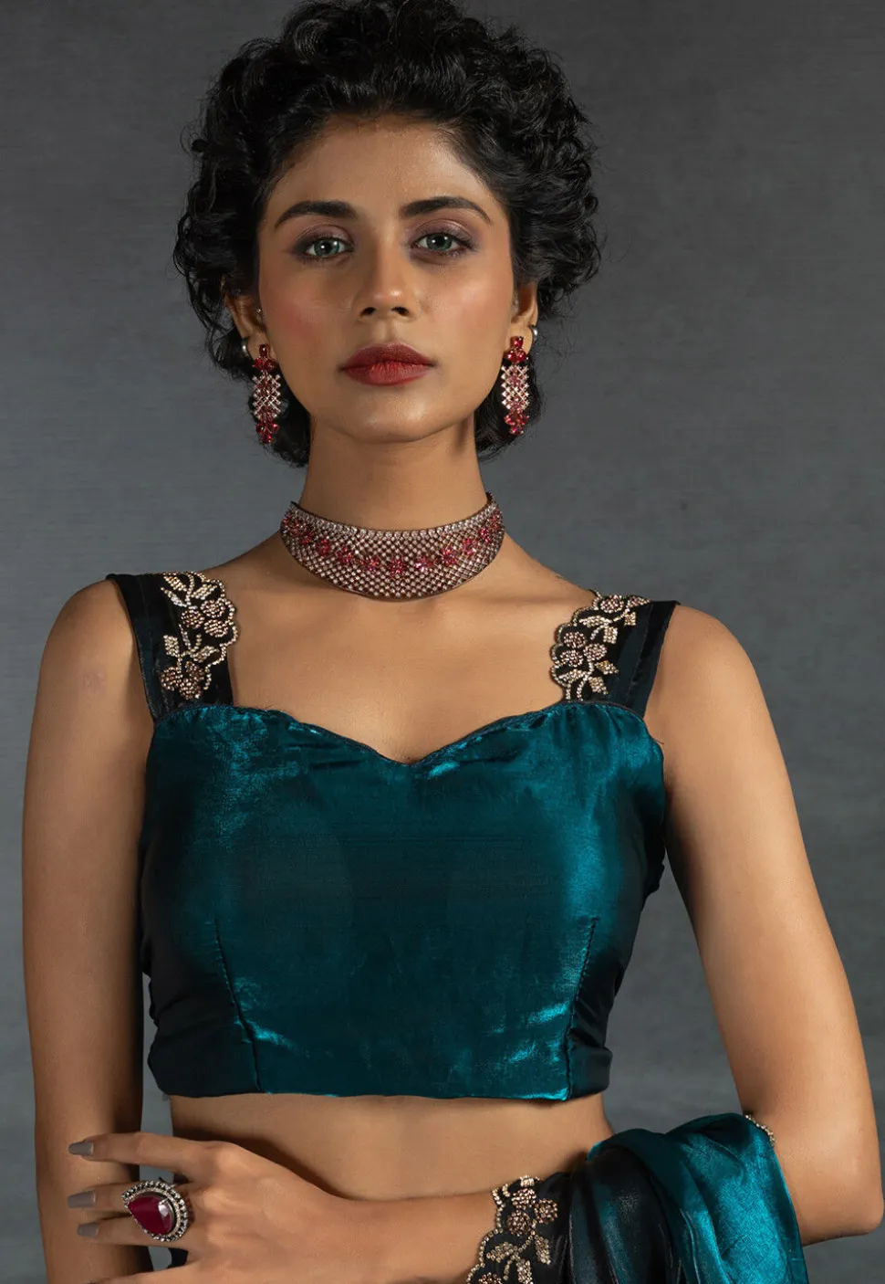 Ombre Tissue Scalloped Saree in Teal Blue