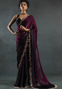 Ombre Tissue Scalloped Saree in Wine