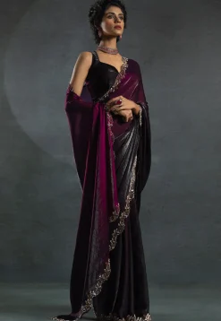 Ombre Tissue Scalloped Saree in Wine
