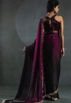 Ombre Tissue Scalloped Saree in Wine