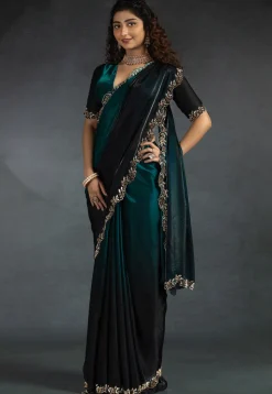 Ombre Tissue Scalloped Saree in Teal Blue and Black