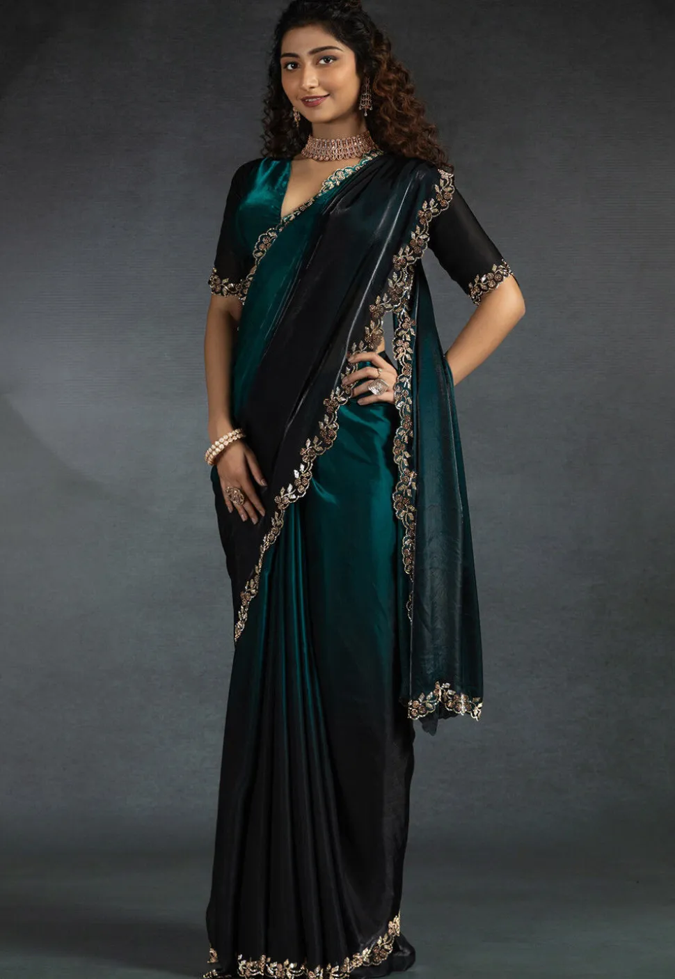 Ombre Tissue Scalloped Saree in Teal Blue and Black