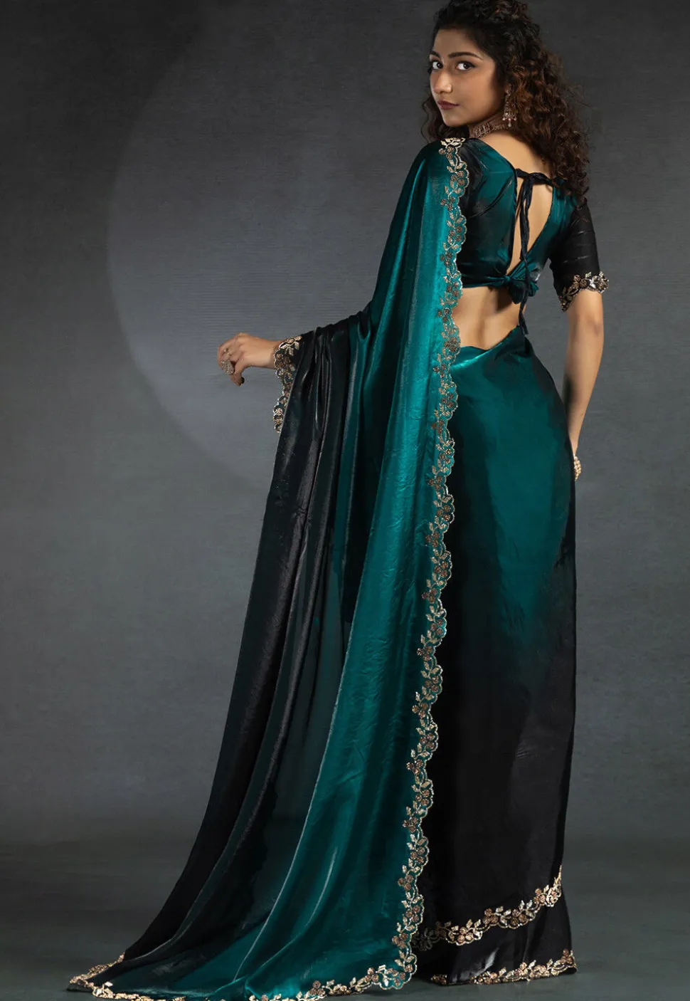 Ombre Tissue Scalloped Saree in Teal Blue and Black