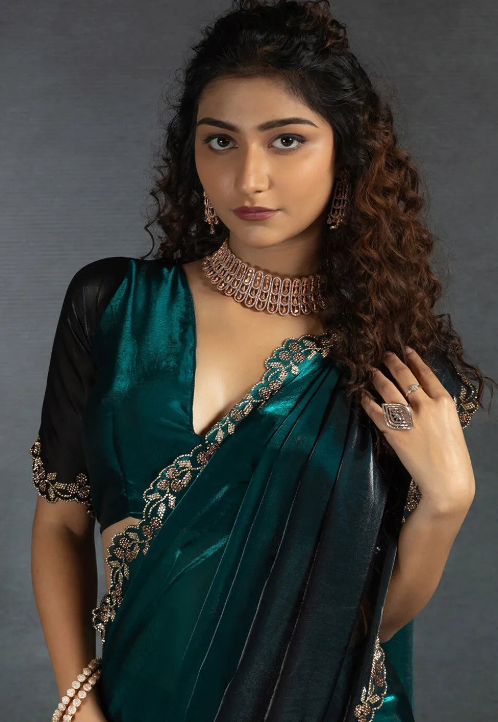 Ombre Tissue Scalloped Saree in Teal Blue and Black