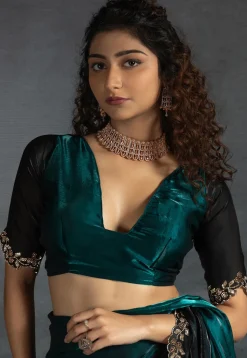 Ombre Tissue Scalloped Saree in Teal Blue and Black
