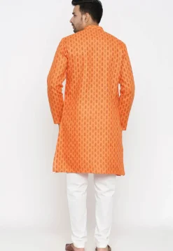 Ornamental Printed Cotton Flex Kurta Set in Orange