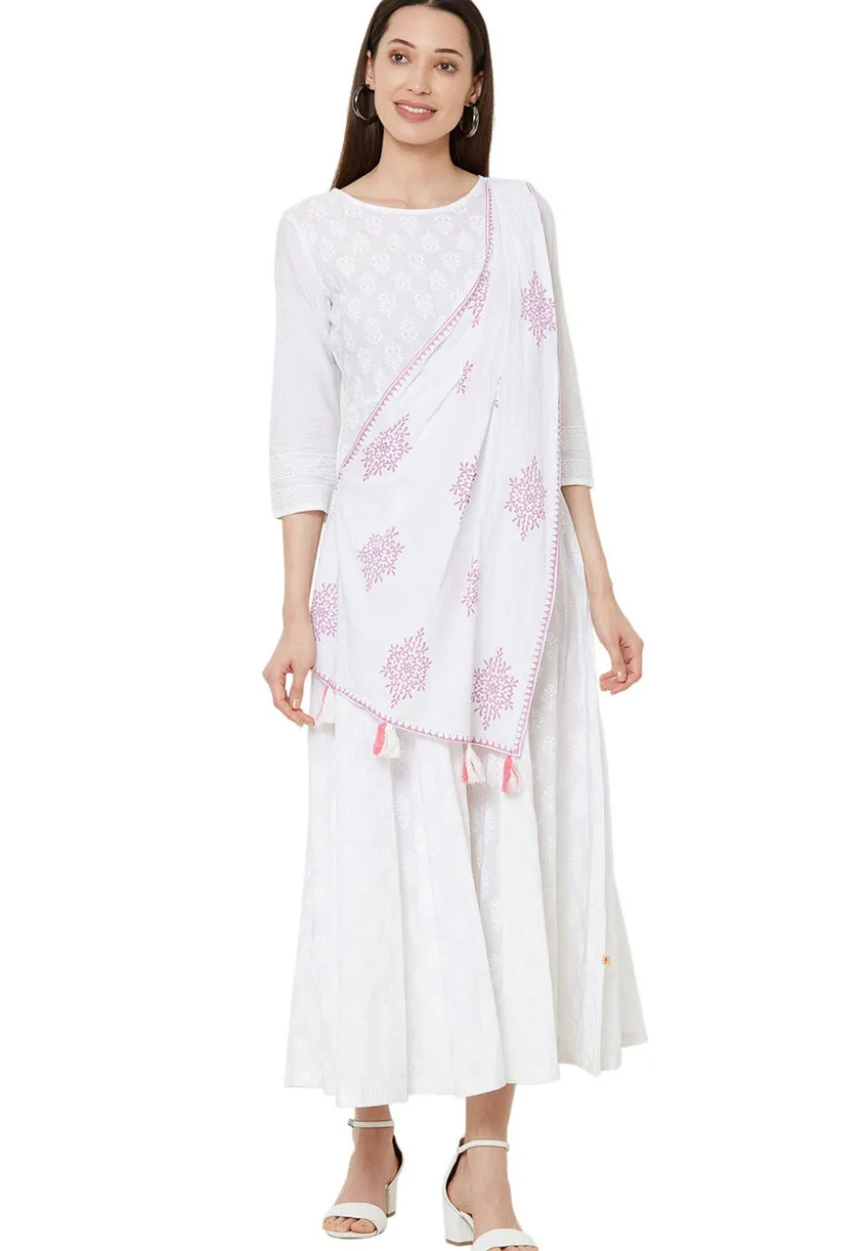 Ornamental Printed Cotton Anarkali Kurta in Off White