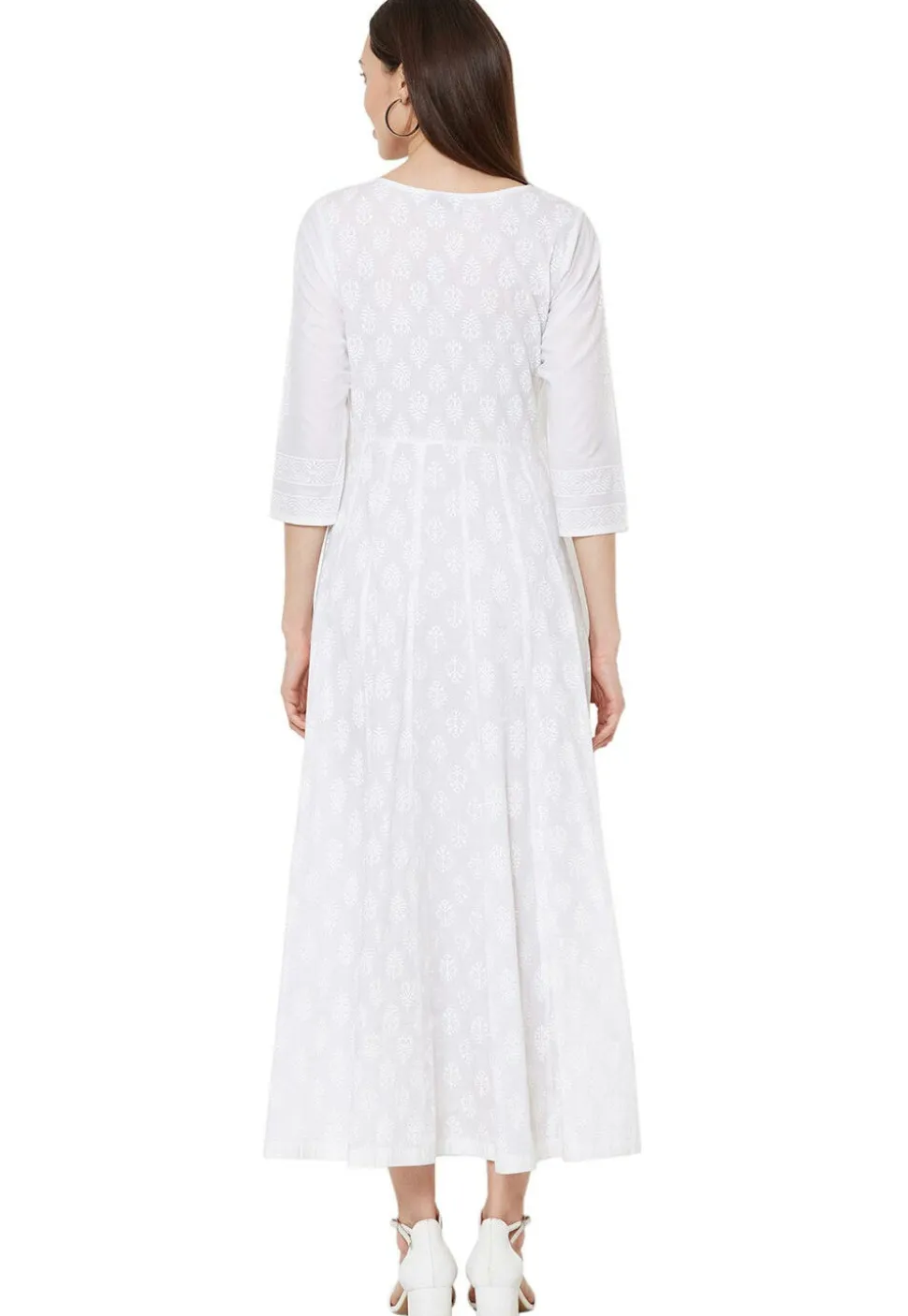Ornamental Printed Cotton Anarkali Kurta in Off White