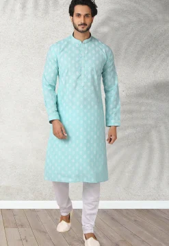 Ornamental Printed Cotton Kurta Set in Light Blue