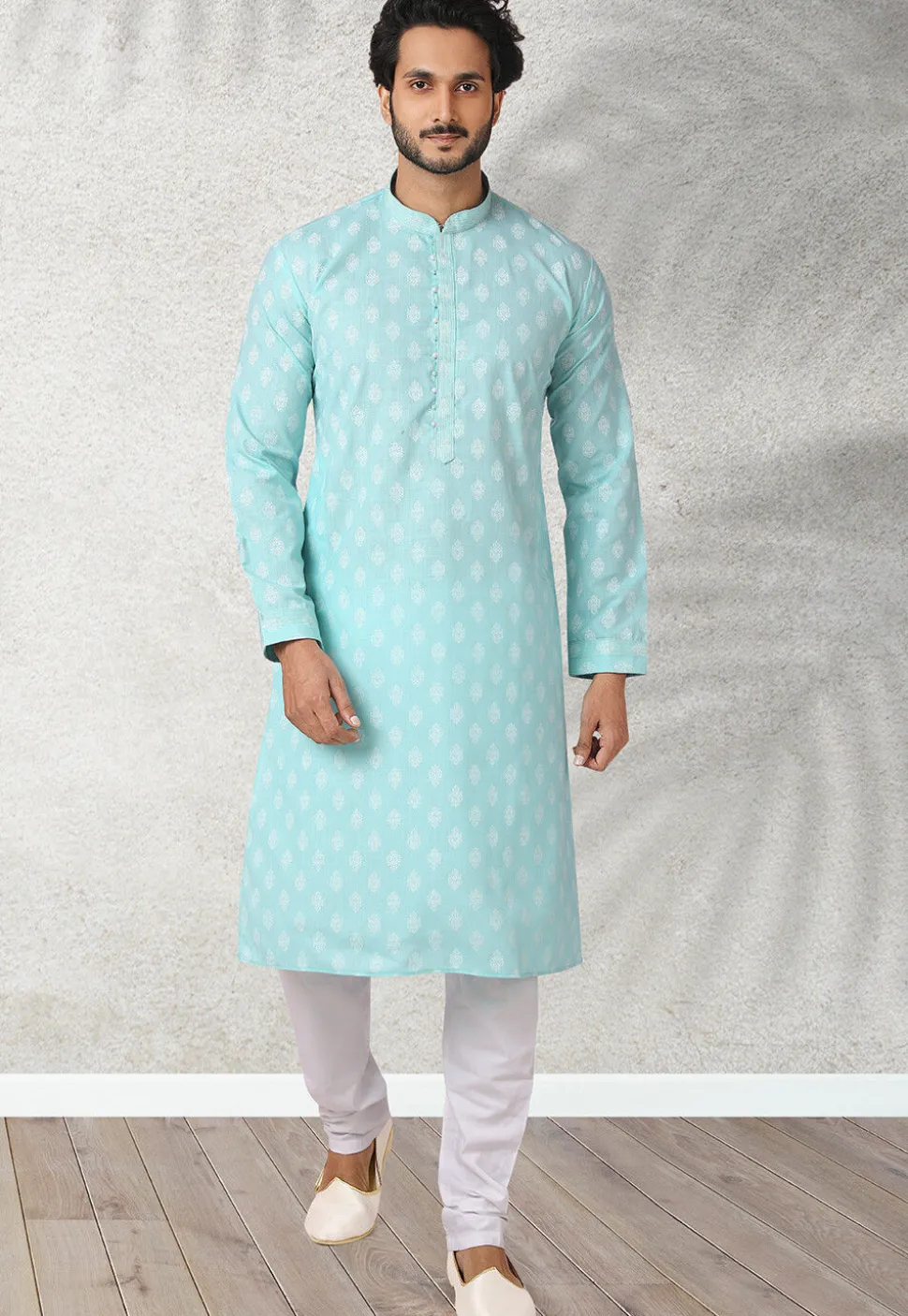 Ornamental Printed Cotton Kurta Set in Light Blue