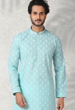 Ornamental Printed Cotton Kurta Set in Light Blue