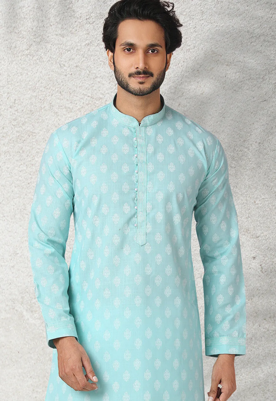 Ornamental Printed Cotton Kurta Set in Light Blue