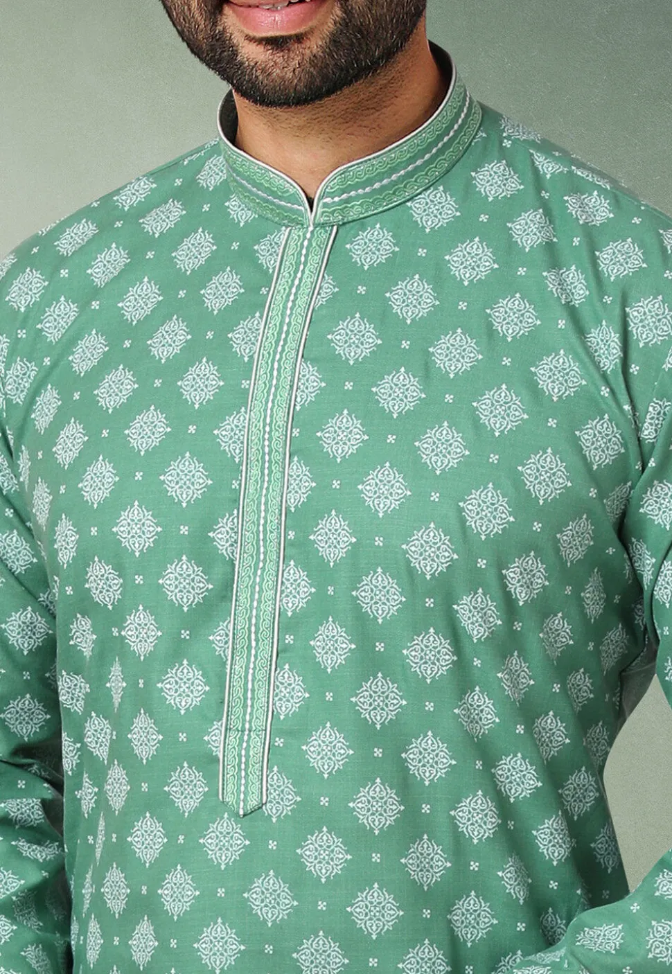 Ornamental Printed Cotton Kurta Set in Teal Green