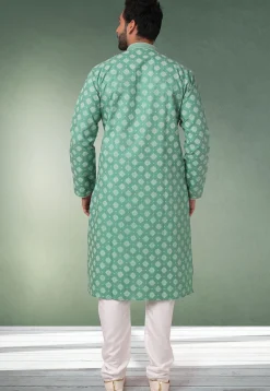 Ornamental Printed Cotton Kurta Set in Teal Green
