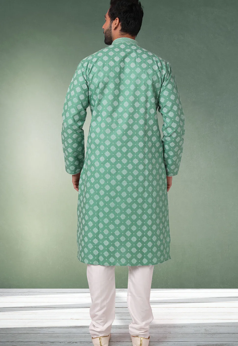 Ornamental Printed Cotton Kurta Set in Teal Green