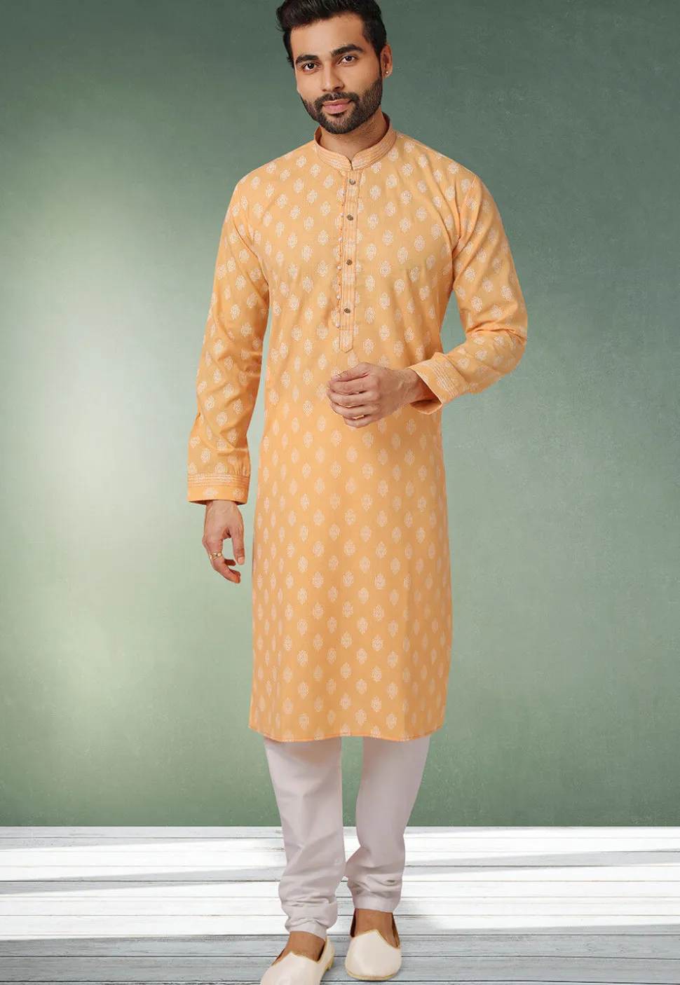 Ornamental Printed Cotton Kurta Set in Orange