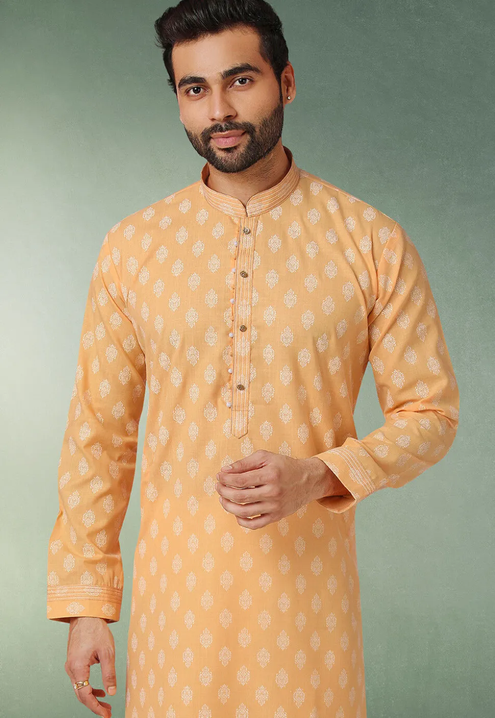 Ornamental Printed Cotton Kurta Set in Orange