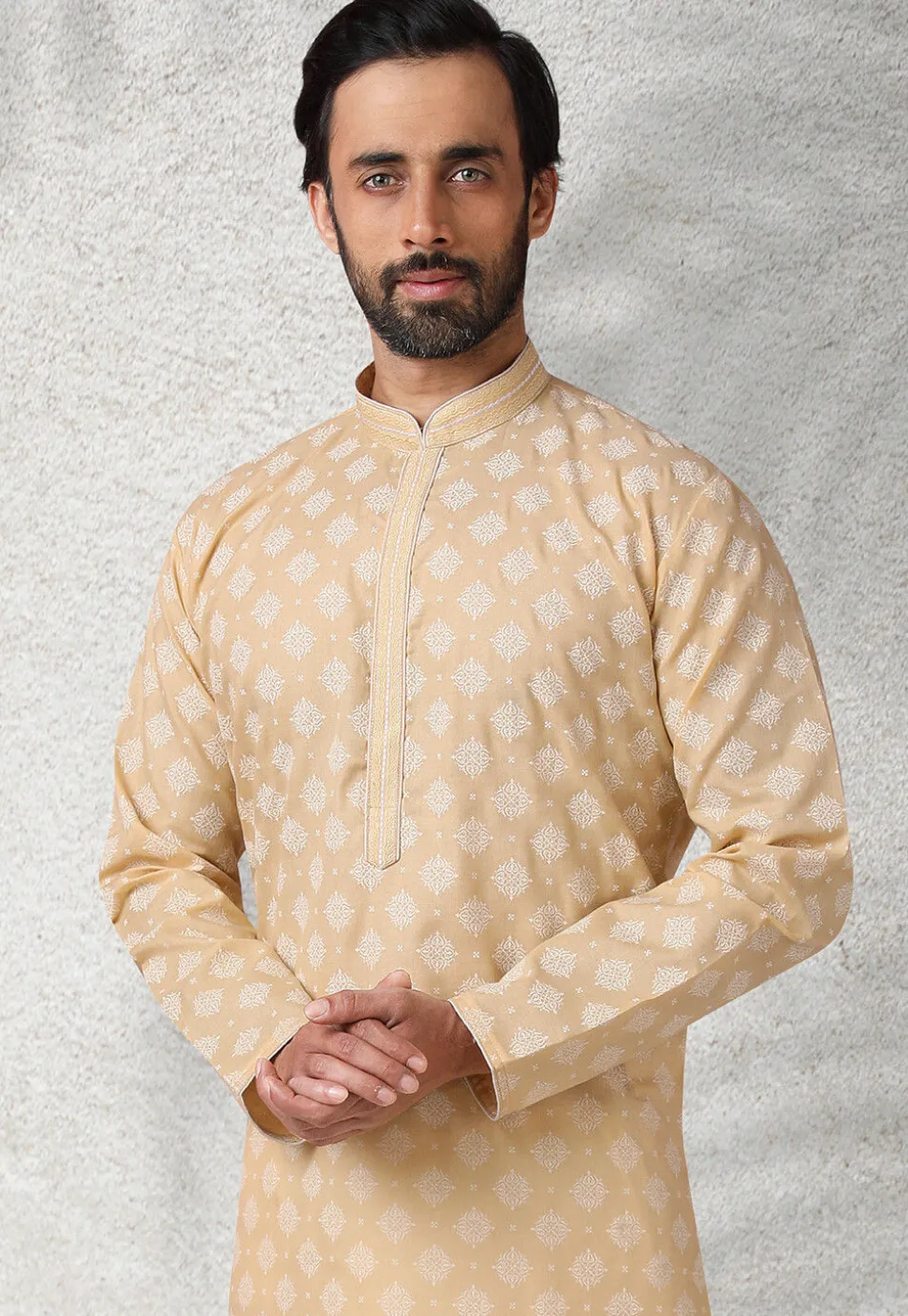 Ornamental Printed Cotton Kurta Set in Beige