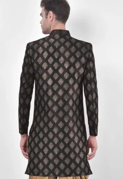 Ornamental Printed Dupion Silk Sherwani in Black