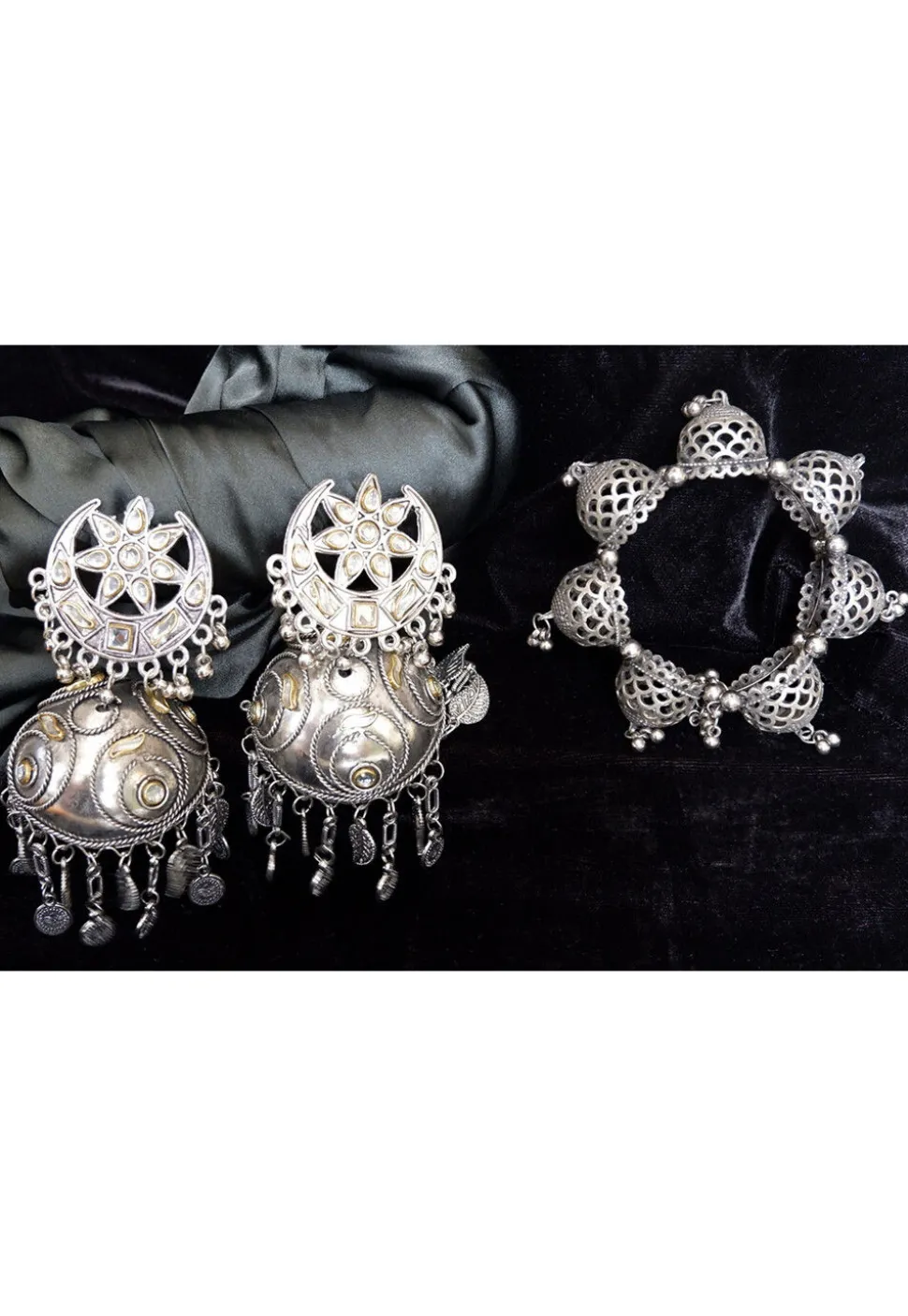 Oxidised Kundan Bracelet and Earring Combo