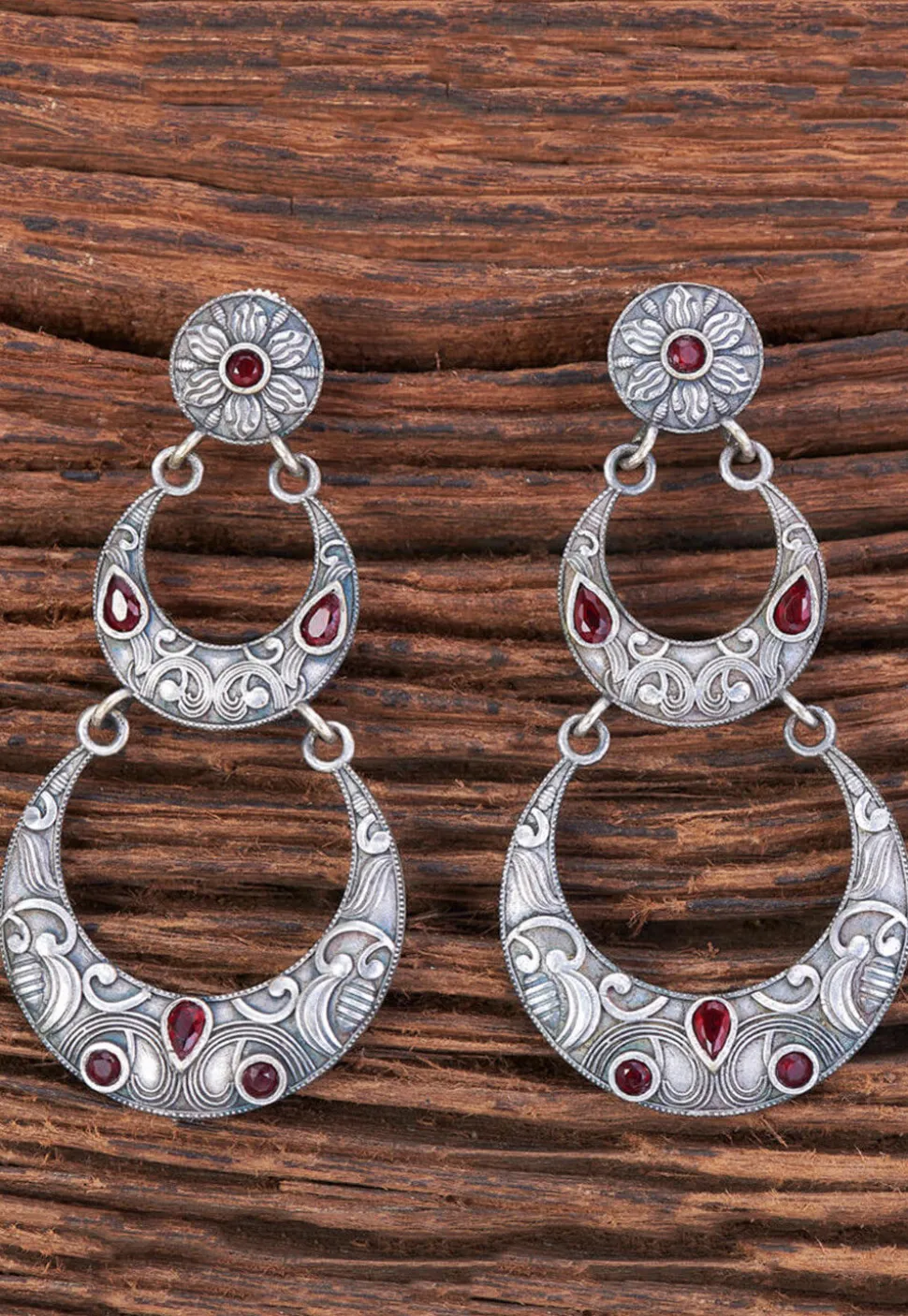 Oxidised Silver Look Alike Stone Studded Earrings