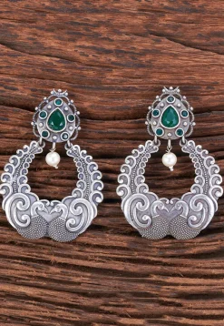 Oxidised Silver Look Alike Stone Studded Chandbali Earrings
