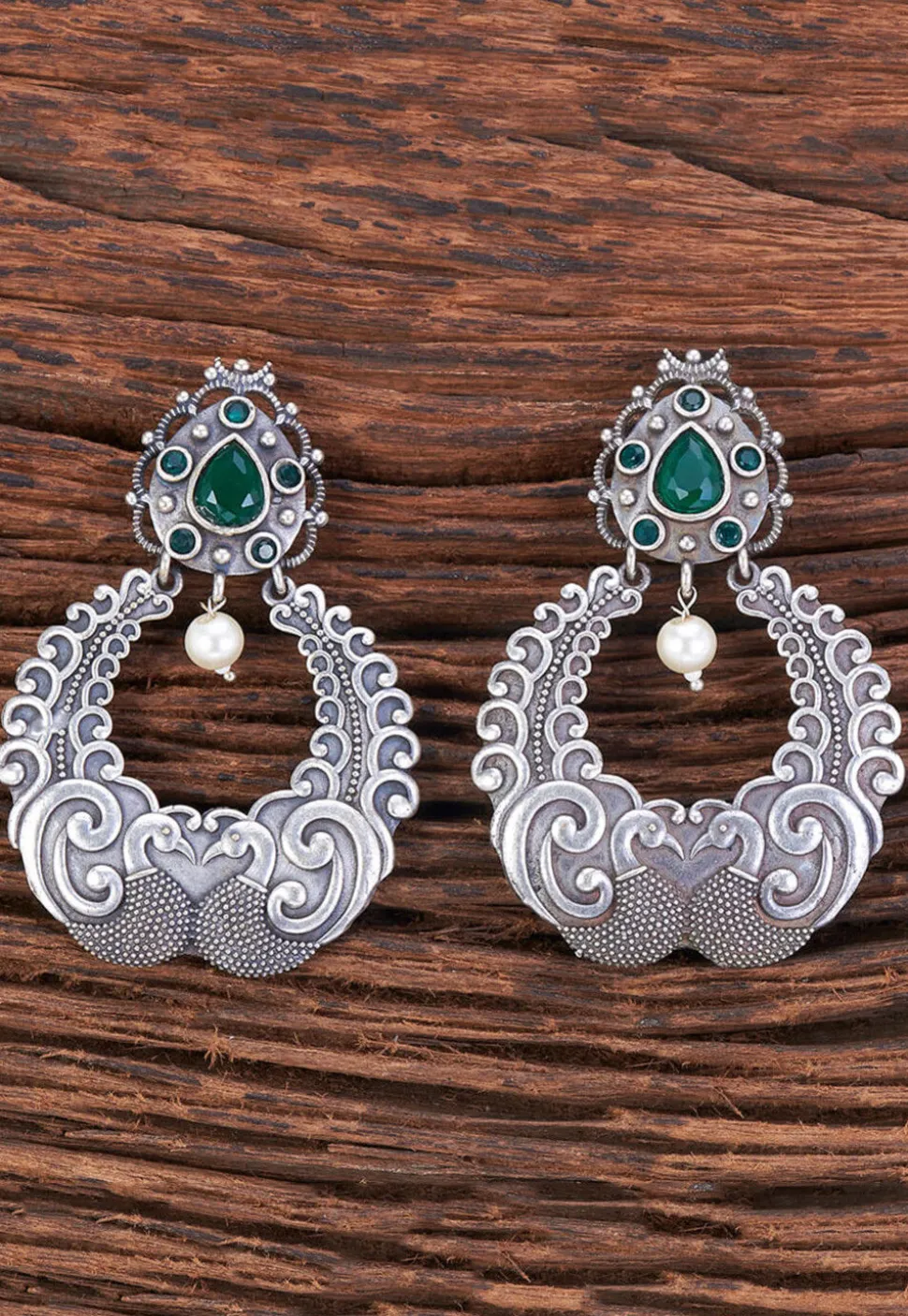 Oxidised Silver Look Alike Stone Studded Chandbali Earrings