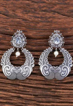 Oxidised Silver Look Alike Stone Studded Chandbali Earrings