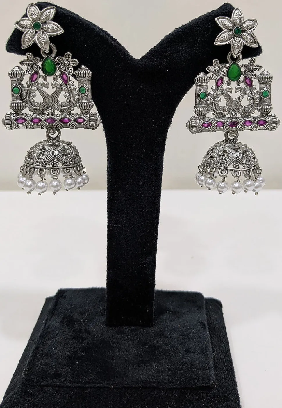 Oxidised Stone Studded Jhumka Style Earrings