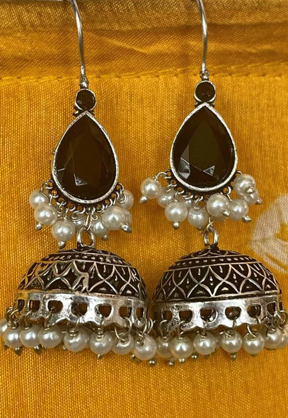 Oxidised Stone Studded Jhumka Style Earrings