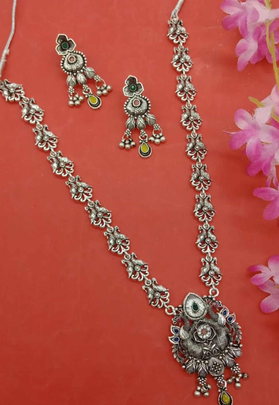 Oxidised Stone Studded Necklace Set