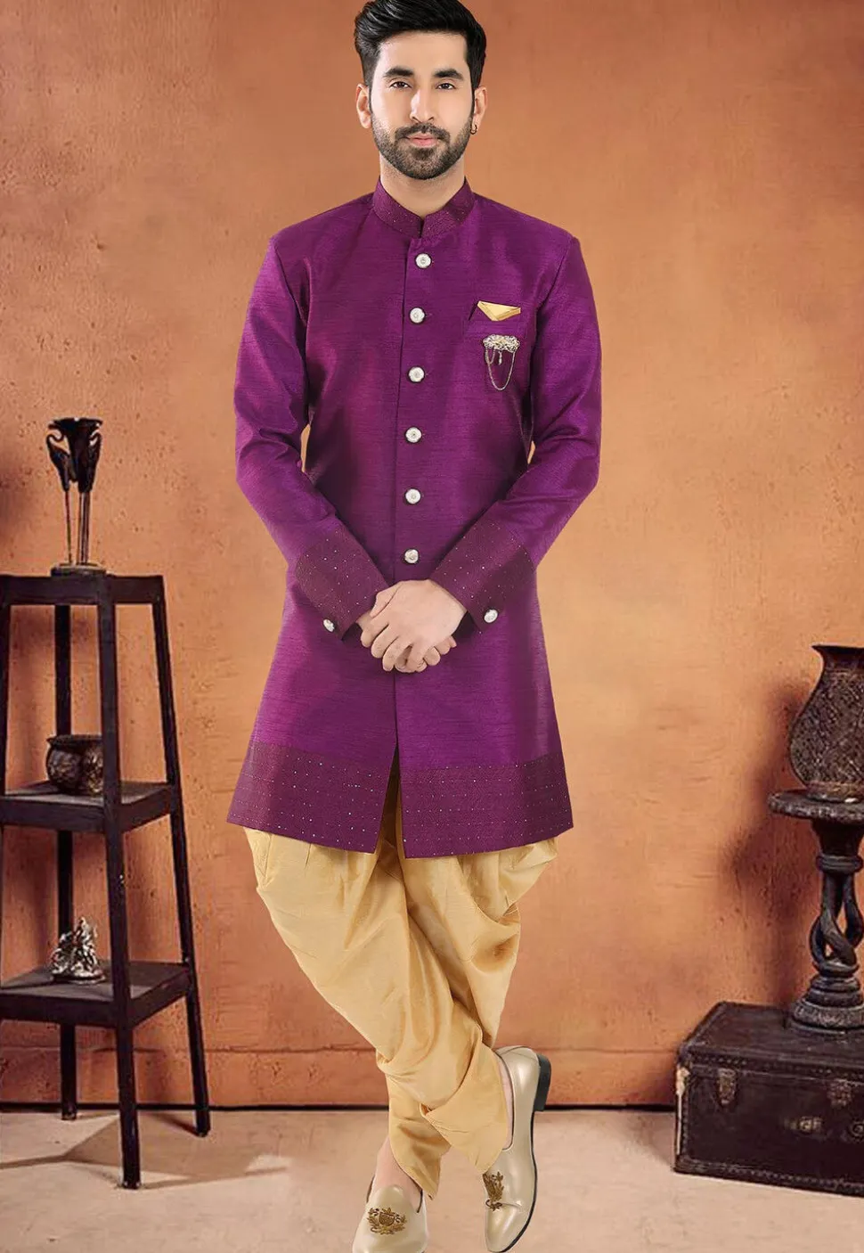 Patch Border Art Silk Sherwani in Purple