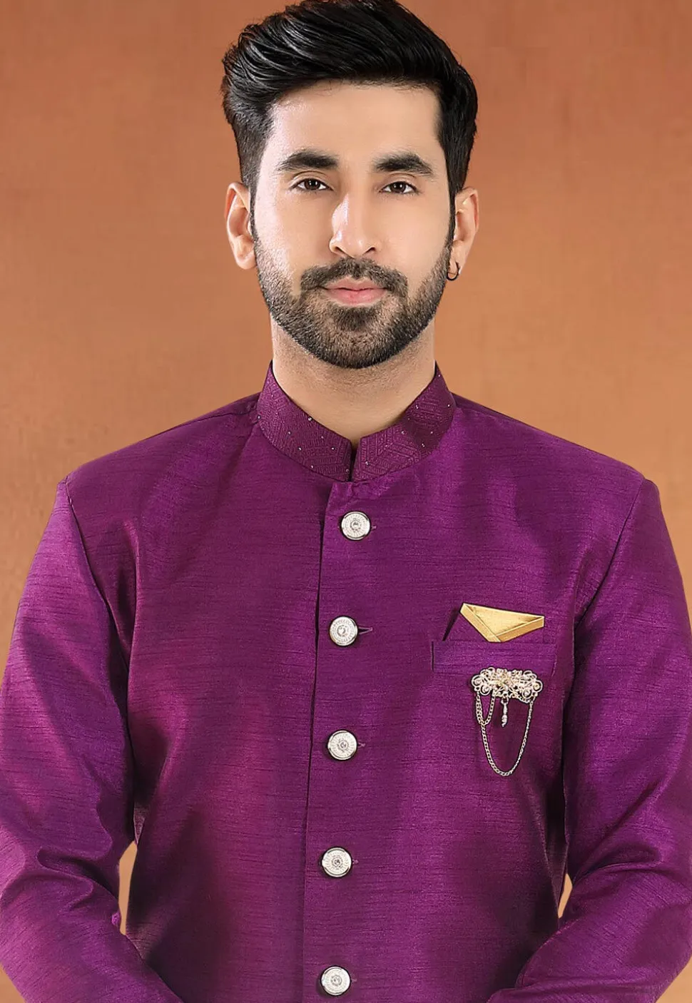 Patch Border Art Silk Sherwani in Purple