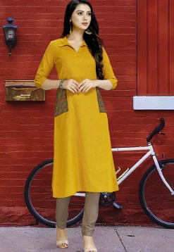 Patch Pocket Cotton Straight Kurta in Mustard